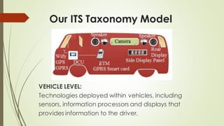 Our ITS Taxonomy Model
VEHICLE LEVEL:
Technologies deployed within vehicles, including
sensors, information processors and displays that
provides information to the driver.
 