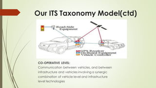 Our ITS Taxonomy Model(ctd)
CO-OPERATIVE LEVEL:
Communication between vehicles, and between
infrastructure and vehicles involving a synergic
combination of vehicle level and infrastructure
level technologies
 