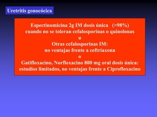Espectinomicina 2g IM dosis única (>98%)
cuando no se toleran cefalosporinas o quinolonas
u
Otras cefalosporinas IM:
no ventajas frente a ceftriaxona
o
Gatifloxacino, Norfloxacino 800 mg oral dosis única:
estudios limitados, no ventajas frente a Ciprofloxacino
Uretritis gonocócica
 