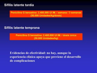 Sífilis latente tardía
Penicilina G benzatina: 2.400.000 UI IM. / semana / 3 semanas
(50.000 Unidades/kg/dosis)
Sífilis latente temprana
Penicilina G benzatina: 2.400.000 UI IM. / dosis única
(50.000 Unidades/kg)
Evidencias de efectividad: no hay, aunque la
experiencia clínica apoya que previene el desarrollo
de complicaciones
 