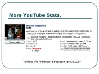 More YouTube Stats. YouTube info for Podcast Bangladesh April 21, 2007 
