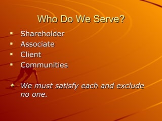 Who Do We Serve? Shareholder Associate Client Communities We must satisfy each and exclude no one. 