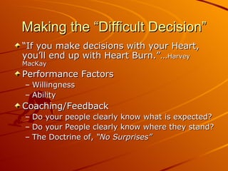 Making the “Difficult Decision” “ If you make decisions with your Heart, you’ll end up with Heart Burn.”… Harvey MacKay Performance Factors Willingness Ability Coaching/Feedback Do your people clearly know what is expected? Do your People clearly know where they stand? The Doctrine of,  “No Surprises” 