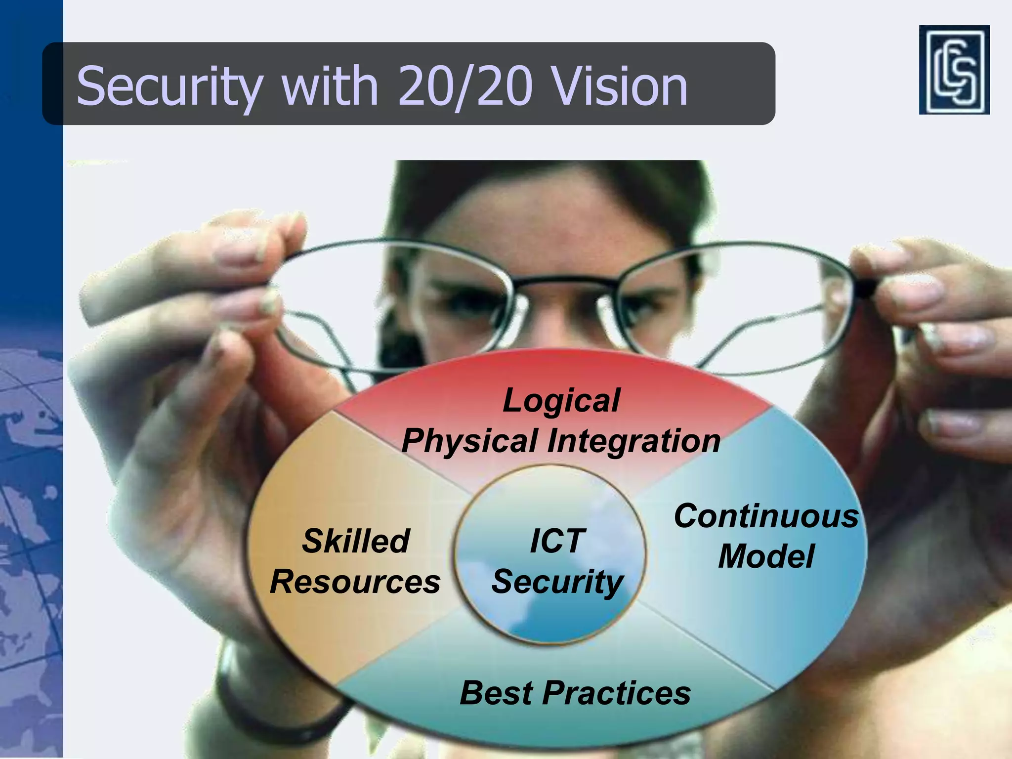 Security with 20/20 Vision




                    Logical
              Physical Integration

                                Continuous
         Skilled       ICT        Model
        Resources    Security


                    Best Practices
 