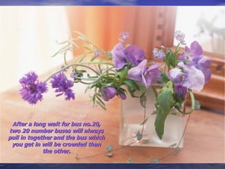 After a long wait for bus no.20, two 20 number buses will always pull in together and the bus which you get in will be crowded than the other. 