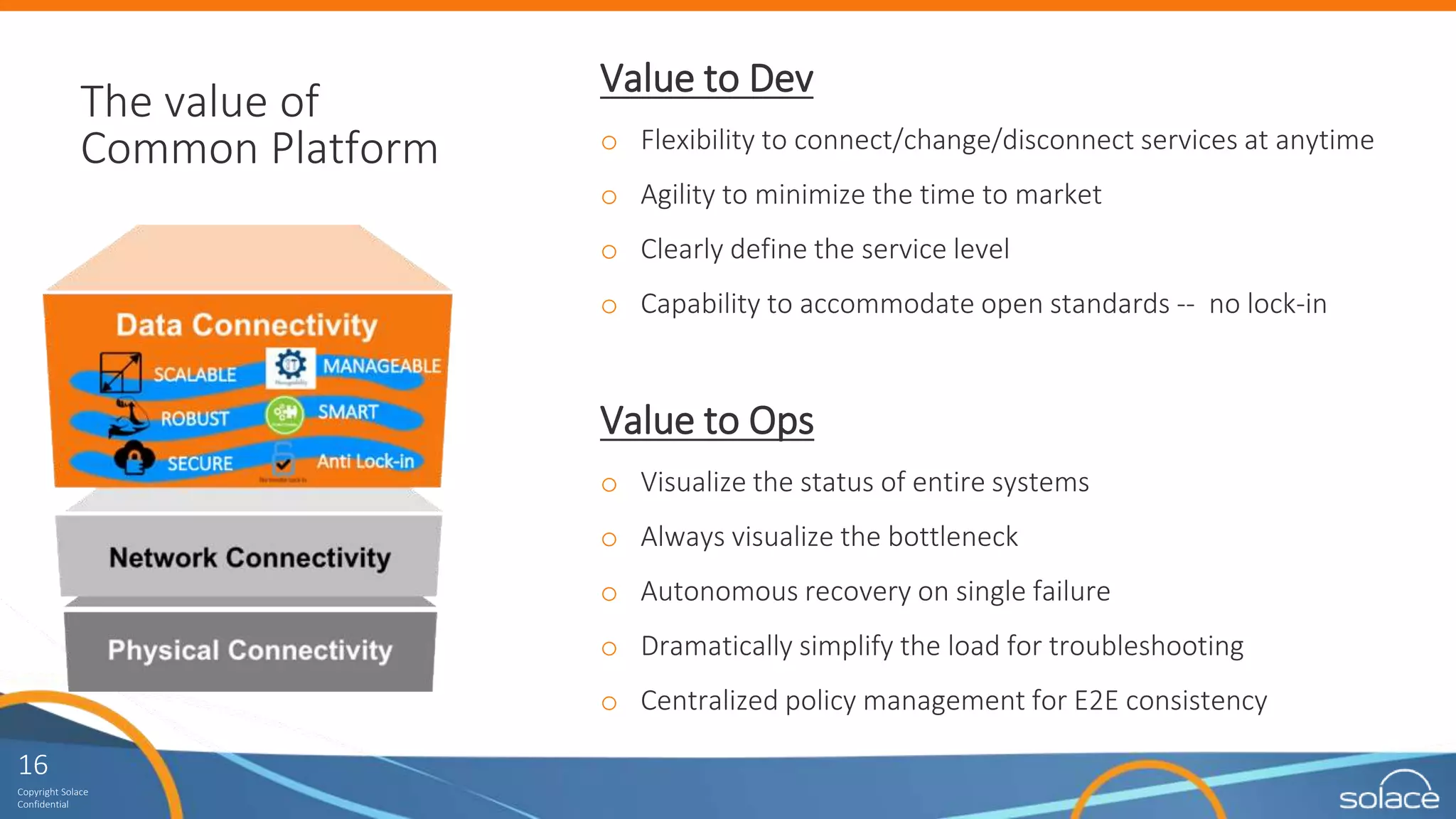 16
Copyright Solace
Confidential
Value to Dev
o Flexibility to connect/change/disconnect services at anytime
o Agility to minimize the time to market
o Clearly define the service level
o Capability to accommodate open standards -- no lock-in
Value to Ops
o Visualize the status of entire systems
o Always visualize the bottleneck
o Autonomous recovery on single failure
o Dramatically simplify the load for troubleshooting
o Centralized policy management for E2E consistency
The value of
Common Platform
 