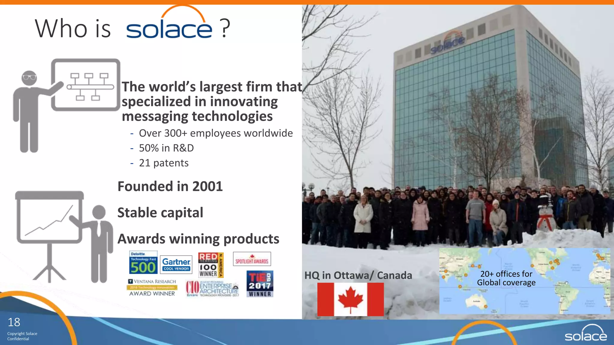 18
Copyright Solace
Confidential
Who is ?
18
Copyright Solace
Confidential
The world’s largest firm that
specialized in innovating
messaging technologies
‐ Over 300+ employees worldwide
‐ 50% in R&D
‐ 21 patents
Founded in 2001
Stable capital
Awards winning products
20+ offices for
Global coverage
HQ in Ottawa/ Canada
 