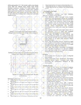 dilihat pada gambar 4.19 . Hal tersebut sudah sesuai dengan
aturan IMO jika nahkoda kapal melihat kapal berada
disebelah kanannnya. Gambar 4.20 adalah gambar jarak
antara kapal yang dikendalikan dengan kapal kalangan
kapal yang berada disebelah kiri. Dari gambar tersebut bisa
kita lihat bahwa jarak terdekat antar dua kapal sekitar 158
m. hal tersebut bisa dikatakan bahwa antara dua kapal tidak
terjadi tabrakan.
Gambar 4.19 Kecepatan kapal pada pengujian adanya
halangan kapal disamping kanan dengan adanya gangguan
arus.
Gambar 4.20 Jarak antara dua kapal pada pengujian adanya
halangan kapal dengan adanya gangguan arus
Gambar 4.21 Respon dinamik kapal pada saat akan
terjadi tabrakan
Keterangan gambar 4.21
A = Respon kapal dari Naval base menuju ke titik koordinat Buoy west
channel kamal
B = Respon kapal dari west channel kamal menuju ke titik koordinat
Buoy no.12
C = Respon kapal dari Buoy no.12 menuju ke titik koordinat
no.10
D = Respon kapal dari buoy no.10 menuju ke titik koordinat Buoy
Typison
E = Respon kapal dari Buoy Typison menuju ke titik koordinat Buoy
no.8
F = Respon kapal dari buoy no.8 menuju ke titik koordinat Buoy
K1158.55
G = Respon kapal dari buoy K1158.55 menuju ke titik koordinat Buoy
no.13
H = Respon kapal dari buoy no.13 menuju ke titik koordinat Buoy no.6
12
dilihat pada gambar 4.19 . Hal tersebut sudah sesuai dengan
aturan IMO jika nahkoda kapal melihat kapal berada
disebelah kanannnya. Gambar 4.20 adalah gambar jarak
yang dikendalikan dengan kapal kalangan
kapal yang berada disebelah kiri. Dari gambar tersebut bisa
kita lihat bahwa jarak terdekat antar dua kapal sekitar 158
m. hal tersebut bisa dikatakan bahwa antara dua kapal tidak
cepatan kapal pada pengujian adanya
halangan kapal disamping kanan dengan adanya gangguan
Gambar 4.20 Jarak antara dua kapal pada pengujian adanya
halangan kapal dengan adanya gangguan arus
Gambar 4.21 Respon dinamik kapal pada saat akan
= Respon kapal dari Naval base menuju ke titik koordinat Buoy west
= Respon kapal dari west channel kamal menuju ke titik koordinat
= Respon kapal dari Buoy no.12 menuju ke titik koordinat Buoy
= Respon kapal dari buoy no.10 menuju ke titik koordinat Buoy
= Respon kapal dari Buoy Typison menuju ke titik koordinat Buoy
= Respon kapal dari buoy no.8 menuju ke titik koordinat Buoy
K1158.55 menuju ke titik koordinat Buoy
= Respon kapal dari buoy no.13 menuju ke titik koordinat Buoy no.6
I = Respon kapal dari buoy no.6 menuju ke titik koordinat Buoy no.11
J = Respon kapal dari buoy no.11 menuju ke titik koordinat Buoy no.4
K = Respon kapal dari buoy no.4 menuju ke titik koordinat Karang
Jamuang
V. Kesimpulan dan Saran
5.1 Kesimpulan
Berdasarkan penelitian yang telah dilakukan,
diperoleh kesimpulan sebagai berikut :
1. Telah dihasilkan sebuah rancangan
logika fuzzy untuk pengendalian
kapal pada kapal MV.CARAKA JAYA NIAGA III
9018232 yang mampu memenuhi target lintasan pada
alur pelayaran kapal di Pelabuhan Tanjung Perak
Surabaya dan mampu menghindar ketika akan terjadi
tabrakan dengan memanfaatkan data
identification sistem (AIS) yaitu posisi dan kecepatan
kapal lain.
2. Eror minimum pada titik perbelokkan adalah 4,63 m
dan maksimum 371,93 m terjadi pada pengujian
lintasan kapal tanpa gangguan arus dan gangguan.
3. Kapal yang dikendalikan berbelok kekanan dan
kecepatan berkurang ketika akan terjadi tabrakan atau
pada saat akan berbelok serta jarak terdekat antara dua
kapal adalah 62 m terjadi pada pengujian dengan
halangan di depan,.
4. Kapal yang dikendalikan bergerak mendahului kapal
yang berada di sebelah kirinya dengan kecepatan 15 m
dan jarak terdekat antara dua kapal adalah 110 m pada
pengujian dengan halangan disamping kiri.
5. Kapal yang dikendalikan mengurangi kecepatannya
atau tetap pada kecepatan 4,6 m/s dan jarak terdekat
antara dua kapal adalah 160 m terjadi pada pengujian
dengan halangan di samping kanan.
5.2 Saran
1. Memanfaatkan data AIS yang lain seperti : heading dan
dimensi kapal.
2. Dalam perancangan harus diperhatikan
gangguan lainnya, seperti : kecepatan angin, tinggi
gelombang dan daerah-daerah berbahaya di area
tanjung perak. .
VI.Daftar Pustaka
[1] Aisjah, A.S, 2010. “M & C System
Fungsi AIS Dalam Manajemen Transportasi Laut”,
Seminar Nasional SENTA FTK ITS, Desember.
[2] Aisjah, A.S., Masroeri, AA., Arifin,Syamsul, Su
2011 “ Analisa Performasi
Control in Sea Transportation pada kondisi kepadatan lalu
lintas pelayaran di Alur Bara tanjung Perak Institut
Teknologi Sepuluh Nopember, Surabaya.
[3] Basuki, S.W., 2009“ Perancangan Sistem Kontrol Cerdas
Berbasis Logika Fuzzy pada A
Pelabuhan Tanjung Perak Surabaya
Sepuluh Nopember, Surabaya.
[4] Bin Lin and Chih-Hao Huang, 2006
Between ARPA Radar And AIS Characteristics For
Vessel Traffic Services, Journal of Marine Science and
Technology, Vol. 14, No. 3, pp. 182
[5] Effendi, Aries, 2010 “Perancangan Kendali Otomatis
Haluan Dan Kecepatan Kapal Pada Jalur Pelayaran
Karang Jamuang – Tanjung Perak Berbasis Logika
Fuzzy” Institut Teknologi Sepuluh Nopember, Surabaya.
[6] Puspita sari, Devina, 2011 “
Monitoring dan Pengendalian untuk Menghindari
Tabrakan antar kapal Pada Alur Barat Pelayaran
= Respon kapal dari buoy no.6 menuju ke titik koordinat Buoy no.11
= Respon kapal dari buoy no.11 menuju ke titik koordinat Buoy no.4
= Respon kapal dari buoy no.4 menuju ke titik koordinat Karang
Berdasarkan penelitian yang telah dilakukan,
diperoleh kesimpulan sebagai berikut :
Telah dihasilkan sebuah rancangan sistem kendali
untuk pengendalian haluan dan kecepatan
MV.CARAKA JAYA NIAGA III-7
yang mampu memenuhi target lintasan pada
alur pelayaran kapal di Pelabuhan Tanjung Perak
dan mampu menghindar ketika akan terjadi
tabrakan dengan memanfaatkan data Automatic
) yaitu posisi dan kecepatan
Eror minimum pada titik perbelokkan adalah 4,63 m
dan maksimum 371,93 m terjadi pada pengujian
kapal tanpa gangguan arus dan gangguan.
Kapal yang dikendalikan berbelok kekanan dan
kecepatan berkurang ketika akan terjadi tabrakan atau
pada saat akan berbelok serta jarak terdekat antara dua
kapal adalah 62 m terjadi pada pengujian dengan
Kapal yang dikendalikan bergerak mendahului kapal
yang berada di sebelah kirinya dengan kecepatan 15 m
dan jarak terdekat antara dua kapal adalah 110 m pada
pengujian dengan halangan disamping kiri.
Kapal yang dikendalikan mengurangi kecepatannya
atau tetap pada kecepatan 4,6 m/s dan jarak terdekat
antara dua kapal adalah 160 m terjadi pada pengujian
dengan halangan di samping kanan.
Memanfaatkan data AIS yang lain seperti : heading dan
Dalam perancangan harus diperhatikan faktor-faktor
gangguan lainnya, seperti : kecepatan angin, tinggi
daerah berbahaya di area
M & C System Sebagai Peningkatan
Fungsi AIS Dalam Manajemen Transportasi Laut”,
Seminar Nasional SENTA FTK ITS, Desember.
Aisjah, A.S., Masroeri, AA., Arifin,Syamsul, Suyanto
2011 “ Analisa Performasi MCST-Monitoring and
Control in Sea Transportation pada kondisi kepadatan lalu
lintas pelayaran di Alur Bara tanjung Perak Institut
Teknologi Sepuluh Nopember, Surabaya.
Perancangan Sistem Kontrol Cerdas
Berbasis Logika Fuzzy pada Alur Pelayaran Kapal di
Pelabuhan Tanjung Perak Surabaya” Institut Teknologi
Hao Huang, 2006. Comparison
Between ARPA Radar And AIS Characteristics For
Journal of Marine Science and
Technology, Vol. 14, No. 3, pp. 182-189.
Perancangan Kendali Otomatis
Haluan Dan Kecepatan Kapal Pada Jalur Pelayaran
Tanjung Perak Berbasis Logika
” Institut Teknologi Sepuluh Nopember, Surabaya.
Puspita sari, Devina, 2011 “Perancangan Sistem
Monitoring dan Pengendalian untuk Menghindari
Tabrakan antar kapal Pada Alur Barat Pelayaran
 