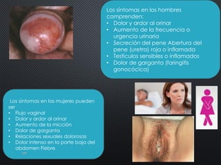 Los síntomas en los hombres
comprenden:
• Dolor y ardor al orinar
• Aumento de la frecuencia o
urgencia urinaria
• Secreción del pene Abertura del
pene (uretra) roja o inflamada
• Testículos sensibles o inflamados
• Dolor de garganta (faringitis
gonocócica)
Los síntomas en las mujeres pueden
ser
• Flujo vaginal
• Dolor y ardor al orinar
• Aumento de la micción
• Dolor de garganta
• Relaciones sexuales dolorosas
• Dolor intenso en la parte baja del
abdomen Fiebre
ARB
 