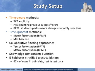 Predicting Student Performance in Solving Parameterized Exercises 13Shaghayegh Sahebi (Sherry)
• Time-aware methods:
– BKT: explicitly
– PFA: counting previous success/failure
– BPTF: student’s performance changes smoothly over time
• Time-ignorant methods:
– Matrix factorization (BPMF)
– Max baseline
• Collaborative filtering approaches:
– Tensor factorization (BPTF)
– Matrix factorization (BPMF)
• Knowledge component: question
• 5-Fold user-stratified cross validation
– 80% of users in train data, rest in test data
 