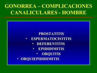GONORREA – COMPLICACIONES
 CANALICULARES - HOMBRE


          • PROSTATITIS
       • ESPERMATOCISTITIS
         • DEFERENTITIS
          • EPIDIDIMITIS
            • ORQUITIS
   • ORQUIEPIDIDIMITIS
 