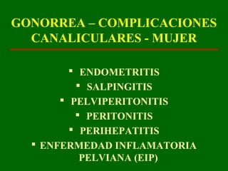 GONORREA – COMPLICACIONES
  CANALICULARES - MUJER

          ENDOMETRITIS
           SALPINGITIS
        PELVIPERITONITIS
           PERITONITIS
          PERIHEPATITIS
   ENFERMEDAD INFLAMATORIA
           PELVIANA (EIP)
 