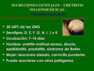 SECRECIONES GENITALES – URETRITIS
             NO GONOCÓCICAS -
             Chlamydia trachomatis


 30-60% de las UNG
 Serotipos: D, E, F, G, H, I, J y K
 Incubación: 7-14 días
 Hombre: uretritis matinal serosa, disuria,
  epididimitis, prostatitis, síndrome de Reiter.
 Mujer: leucorrea aislada, cervicitis purulenta
 Puede asociarse con otros patógenos
 
