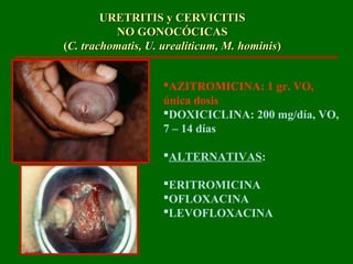 URETRITIS y CERVICITIS
          NO GONOCÓCICAS
(C. trachomatis, U. urealiticum, M. hominis)


                    AZITROMICINA: 1 gr. VO,
                    única dosis
                    DOXICICLINA: 200 mg/día, VO,
                    7 – 14 días

                    ALTERNATIVAS:

                    ERITROMICINA
                    OFLOXACINA
                    LEVOFLOXACINA
 