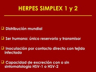 HERPES SIMPLEX 1 y 2


 Distribución mundial

 Ser humano: único reservorio y transmisor

 Inoculación por contacto directo con tejido
 infectado

 Capacidad de excreción con o sin
 sintomatología HSV-1 o HSV-2
 