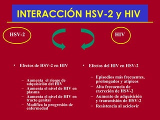INTERACCIÓN HSV-2 y HIV
HSV-2                                              HIV




 •   Efectos de HSV-2 en HIV        • Efectos del HIV en HSV-2

                                       – Episodios más frecuentes,
     – Aumenta el riesgo de              prolongados y atípicos
       adquisición del HIV
     – Aumenta el nivel de HIV en      – Alta frecuencia de
       plasma                            excreción de HSV-2
     – Aumenta el nivel de HIV en      – Aumento de adquisición
       tracto genital                    y transmisión de HSV-2
     – Modifica la progresión de       – Resistencia al aciclovir
       enfermedad
 