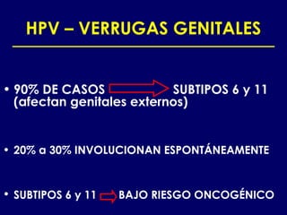 HPV – VERRUGAS GENITALES


• 90% DE CASOS             SUBTIPOS 6 y 11
  (afectan genitales externos)


• 20% a 30% INVOLUCIONAN ESPONTÁNEAMENTE


• SUBTIPOS 6 y 11   BAJO RIESGO ONCOGÉNICO
 
