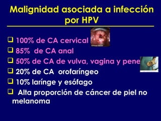 Malignidad asociada a infección
            por HPV

 100% de CA cervical
 85% de CA anal
 50% de CA de vulva, vagina y pene
 20% de CA orofaríngeo
 10% larínge y esófago
 Alta proporción de cáncer de piel no
 melanoma
 