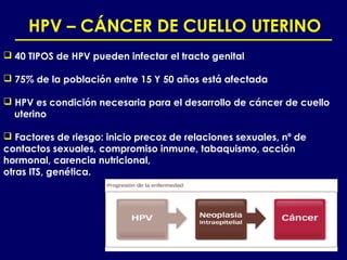 HPV – CÁNCER DE CUELLO UTERINO
 40 TIPOS de HPV pueden infectar el tracto genital

 75% de la población entre 15 Y 50 años está afectada

 HPV es condición necesaria para el desarrollo de cáncer de cuello
  uterino

 Factores de riesgo: inicio precoz de relaciones sexuales, nº de
contactos sexuales, compromiso inmune, tabaquismo, acción
hormonal, carencia nutricional,
otras ITS, genética.
 