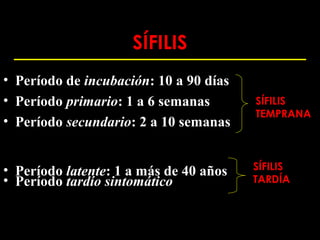 SÍFILIS
• Período de incubación: 10 a 90 días
• Período primario: 1 a 6 semanas       SÍFILIS
                                        TEMPRANA
• Período secundario: 2 a 10 semanas


• Período latente: 1 a más de 40 años   SÍFILIS
• Período tardío sintomático            TARDÍA
 