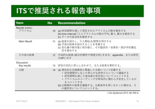 2017/10/21 REQUIRE31 Interrupted Time Series Analysis 12
ITSで推奨される報告事項
Item No Recommendation
Results (cont.)
アウトカム 10 (a) 研究期間を通して測定されたアウトカムの数を報告する
(b) time intervalごとにアウトカムの数の平均, 最⼩, 最⼤を報告する
(c) データの妥当性を報告する
Main Result 11 (a) 結果を図⽰し、介⼊開始点/期間を明⽰する
(b) 予測の結果を図⽰することを考慮する
(c) 変化量の絶対値と相対値と、その臨床的・政策的・統計学的優位
性を報告する
その他の結果 12 付加的な結果 (副次的解析や感度分析) を本⽂、appendix、または研究
のHPに⽰す
Discussion
Key results 13 研究の⽬的と照らし合わせて、主たる結果を要約する。
⽂脈 14 (a) 潜在的な交絡要因と関連した⽂脈について記載する
• 研究期間中に⽣じた明らかな併存介⼊について議論する
• 研究期間を通した参加者の安定性についてコメントする
• アウトカムのコーディングが時系列に関わらず安定しているか
をコメントする
(b) ⽐較解析の結果を議論する。⽐較条件を⽤いなかった場合は、そ
の蓋然性についてコメントする。
J Clin Epidemiol 2015; 68: 950-6.
 