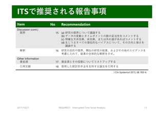 2017/10/21 REQUIRE31 Interrupted Time Series Analysis 13
ITSで推奨される報告事項
Item No Recommendation
Discussion (cont.)
限界 15 (a) 研究の限界について議論する
(b) データの変動とタイムポイントの数の妥当性をコメントする
(c) 明確な天井効果、床効果、または外れ値があればコメントする
(d) ⽣じうるすべての潜在的なバイアスについて、その⽅向と強さを
議論する
解釈 16 研究の⽬的や限界、類似の研究の結果、およびその他のエビデンスを
考慮に⼊れて、結果の全体的な解釈を⽰せ。
Other Information
資⾦源 17 資⾦源とその役割についてリストアップする
引⽤⽂献 18 使⽤した統計的⼿法を⽀持する論⽂を引⽤する
J Clin Epidemiol 2015; 68: 950-6.
 