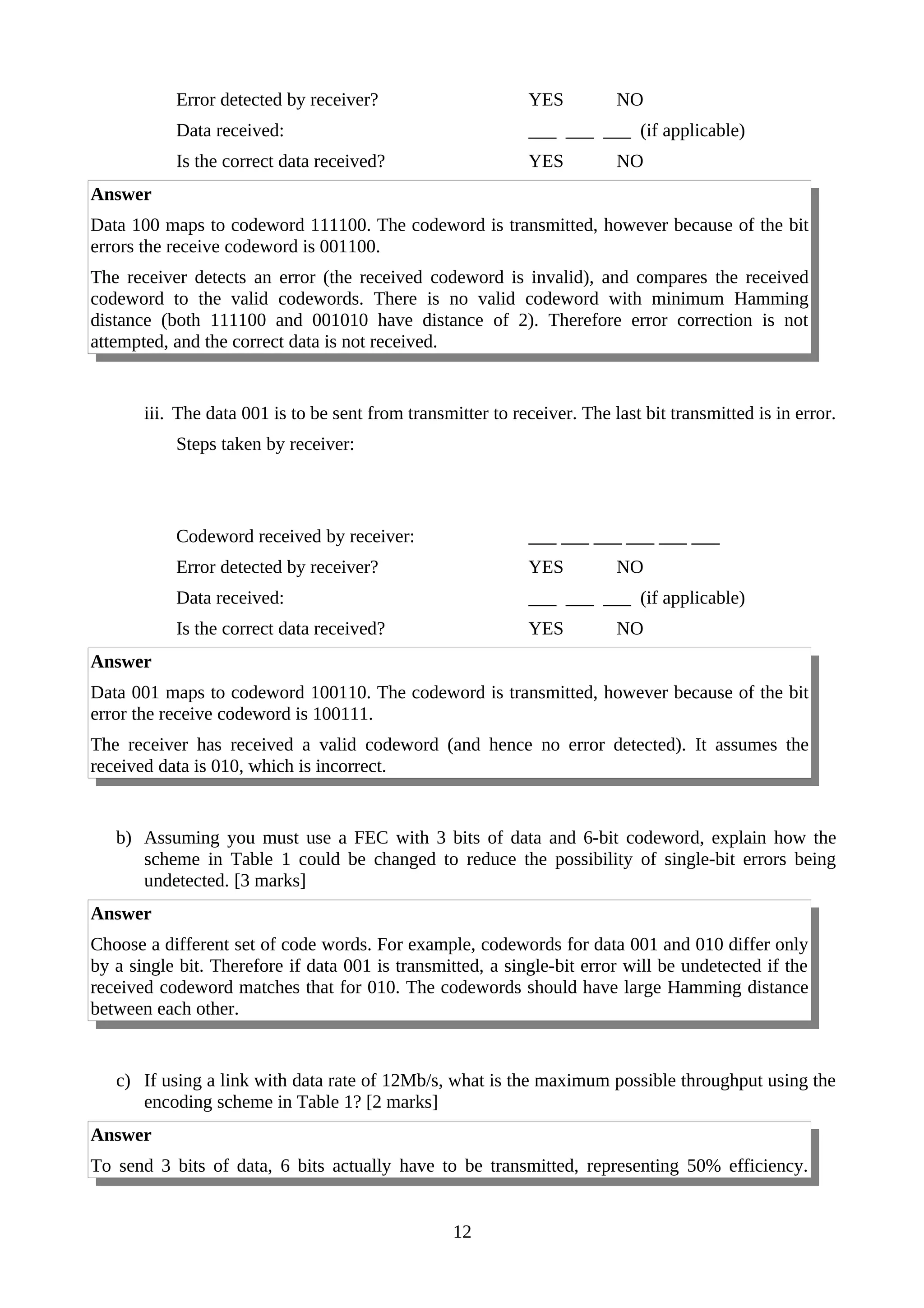 Error detected by receiver? YES NO
Data received: ___ ___ ___ (if applicable)
Is the correct data received? YES NO
Answer
Data 100 maps to codeword 111100. The codeword is transmitted, however because of the bit
errors the receive codeword is 001100.
The receiver detects an error (the received codeword is invalid), and compares the received
codeword to the valid codewords. There is no valid codeword with minimum Hamming
distance (both 111100 and 001010 have distance of 2). Therefore error correction is not
attempted, and the correct data is not received.
iii. The data 001 is to be sent from transmitter to receiver. The last bit transmitted is in error.
Steps taken by receiver:
Codeword received by receiver: ___ ___ ___ ___ ___ ___
Error detected by receiver? YES NO
Data received: ___ ___ ___ (if applicable)
Is the correct data received? YES NO
Answer
Data 001 maps to codeword 100110. The codeword is transmitted, however because of the bit
error the receive codeword is 100111.
The receiver has received a valid codeword (and hence no error detected). It assumes the
received data is 010, which is incorrect.
b) Assuming you must use a FEC with 3 bits of data and 6-bit codeword, explain how the
scheme in Table 1 could be changed to reduce the possibility of single-bit errors being
undetected. [3 marks]
Answer
Choose a different set of code words. For example, codewords for data 001 and 010 differ only
by a single bit. Therefore if data 001 is transmitted, a single-bit error will be undetected if the
received codeword matches that for 010. The codewords should have large Hamming distance
between each other.
c) If using a link with data rate of 12Mb/s, what is the maximum possible throughput using the
encoding scheme in Table 1? [2 marks]
Answer
To send 3 bits of data, 6 bits actually have to be transmitted, representing 50% efficiency.
12
 