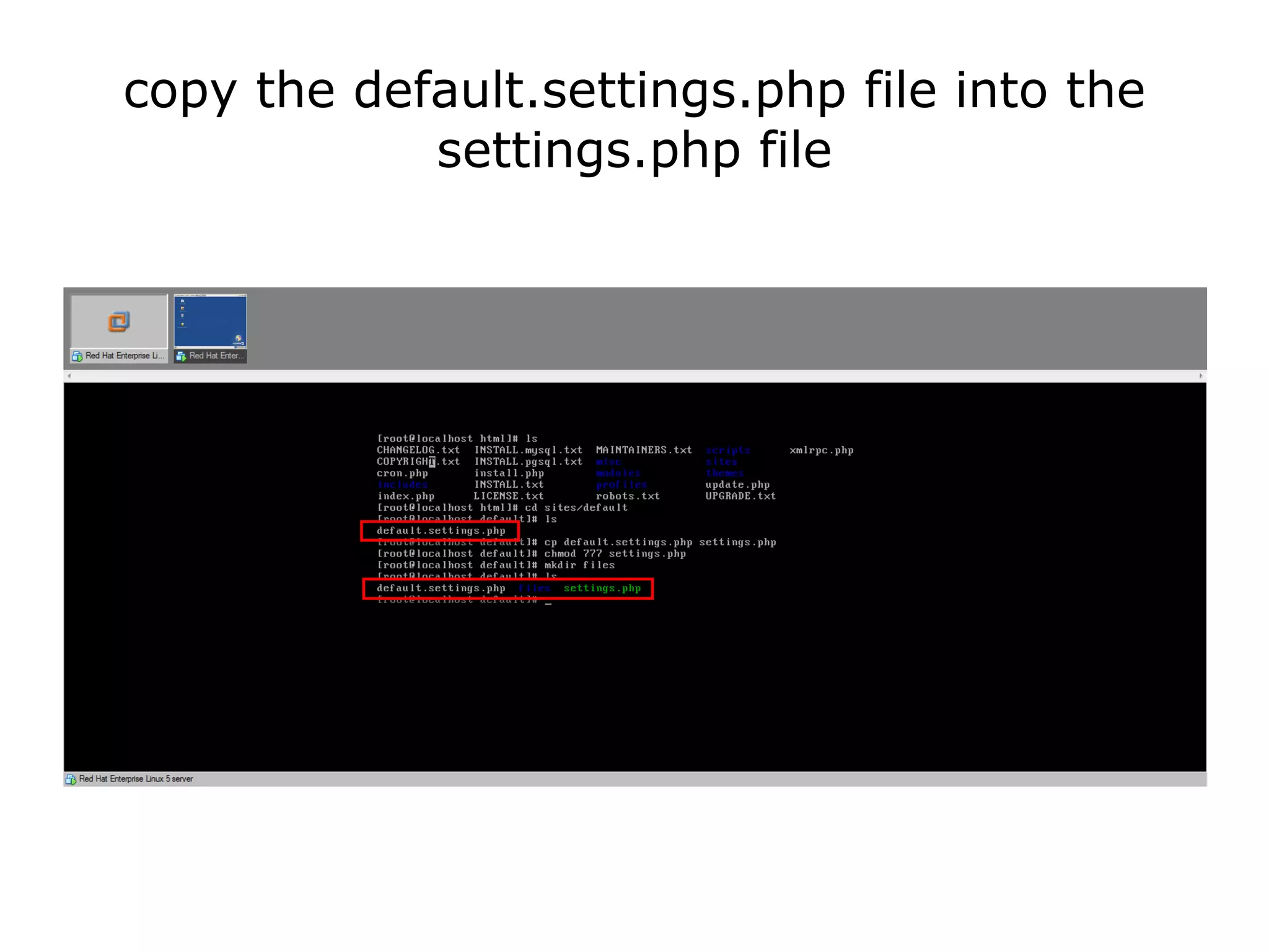 copy the default.settings.php file into the settings.php file 