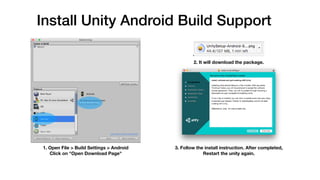Install Unity Android Build Support
1. Open File > Build Settings > Android 
Click on "Open Download Page"
2. It will download the package.
3. Follow the install instruction. After completed,
Restart the unity again.
 