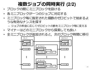 複数ジョブの同時実行 (2/2)
• ブロックの間にミニブロックを設ける
• 各ミニブロックが一つのジョブに対応する
• ミニブロック毎に指定された個数のゼロビットで始まるよ
うな有効なナンスを探す
– ジョブの料金に応じてゼロビットの数をミニブロック毎に変える
• マイナーはどのミニブロックから探索しても良い
• 全ミニブロックが追加されると，次のブロック時間に移行
26
ブロック
ハッシュ値
ハッシュ値
次のブロック
ハッシュ値
ハッシュ値
ハッシュ値
値 値 …
ハッシュ値
値 値 …
ナンス
ミニブロック 1
ハッシュ値
ノードID 1
ナンス
ミニブロック N
ハッシュ値
ノードID N
 