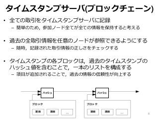 タイムスタンプサーバ(ブロックチェーン)
• 全ての取引をタイムスタンプサーバに記録
– 簡単のため，参加ノード全てが全ての情報を保持すると考える
• 過去の全取引情報を任意のノードが参照できるようにする
– 随時，記録された取引情報の正しさをチェックする
• タイムスタンプの各ブロックは，過去のタイムスタンプの
ハッシュ値を含むことで，一本のリストを構成する
– 項目が追加されることで，過去の情報の信頼性が向上する
8
ハッシュ ハッシュ
ブロック ブロック
項目 項目 項目 項目
 