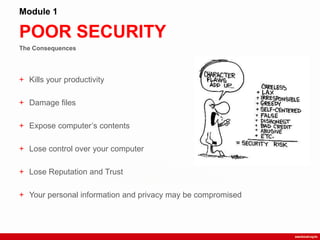 The Consequences
POOR SECURITY
Module 1
+ Kills your productivity
+ Damage files
+ Expose computer‟s contents
+ Lose control over your computer
+ Lose Reputation and Trust
+ Your personal information and privacy may be compromised
 
