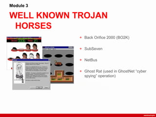 WELL KNOWN TROJAN
HORSES
Module 3
+ Back Orifice 2000 (BO2K)
+ SubSeven
+ NetBus
+ Ghost Rat (used in GhostNet “cyber
spying” operation)
 