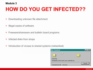 HOW DO YOU GET INFECTED??
Module 3
+ Downloading unknown file attachment
+ Illegal copies of software
+ Freeware/shareware and bulletin board programs
+ Infected disks from shops
+ Introduction of viruses to shared systems (networked)
 