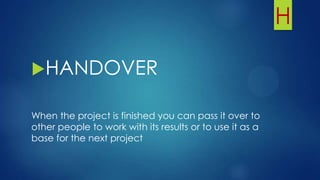 H
HANDOVER
When the project is finished you can pass it over to
other people to work with its results or to use it as a
base for the next project
 