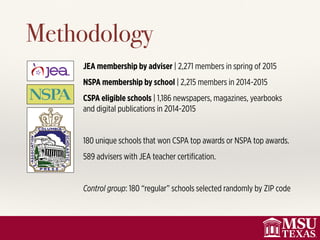 Methodology
JEA membership by adviser | 2,271 members in spring of 2015
NSPA membership by school | 2,215 members in 2014-2015
CSPA eligible schools | 1,186 newspapers, magazines, yearbooks
and digital publications in 2014-2015
180 unique schools that won CSPA top awards or NSPA top awards.
589 advisers with JEA teacher certiﬁcation.
Control group: 180 “regular” schools selected randomly by ZIP code
 