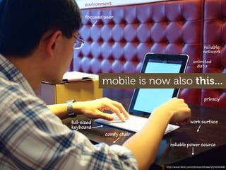 environment

      focused user




                                                        reliable
                                                        network
                                                unlimited
                                                   data


             mobile is now also this...
                                                         privacy



full-sized                                    work surface
keyboard
              comfy chair
                              reliable power source



                            http://www.ﬂickr.com/photos/othree/5224045406
 
