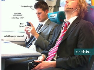 1hr train ride   focused user
                                                  privacy

            reliable
          network?                 comfy
        unlimited wiﬁ?              chair

                 two
                hands



reliable power source?




                                                            or this...
 