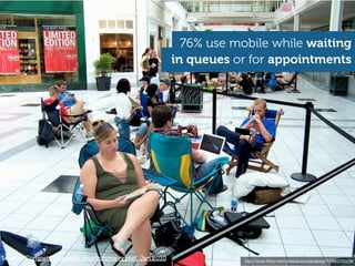 76% use mobile while waiting
                                                        in queues or for appointments




Source: Compete quarterly smartphone report, Jan 2010               http://www.ﬂickr.com/photos/wonderdawg777/662293238
 