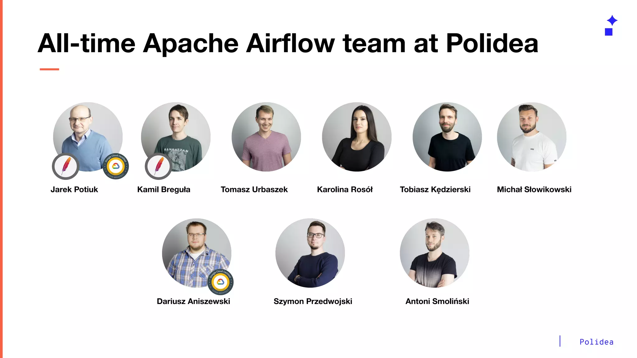 Polidea
All-time Apache Airﬂow team at Polidea
Jarek Potiuk Kamil Breguła Tomasz Urbaszek Karolina Rosół
Dariusz Aniszewski Szymon Przedwojski Antoni Smoliński
Tobiasz Kędzierski Michał Słowikowski
 