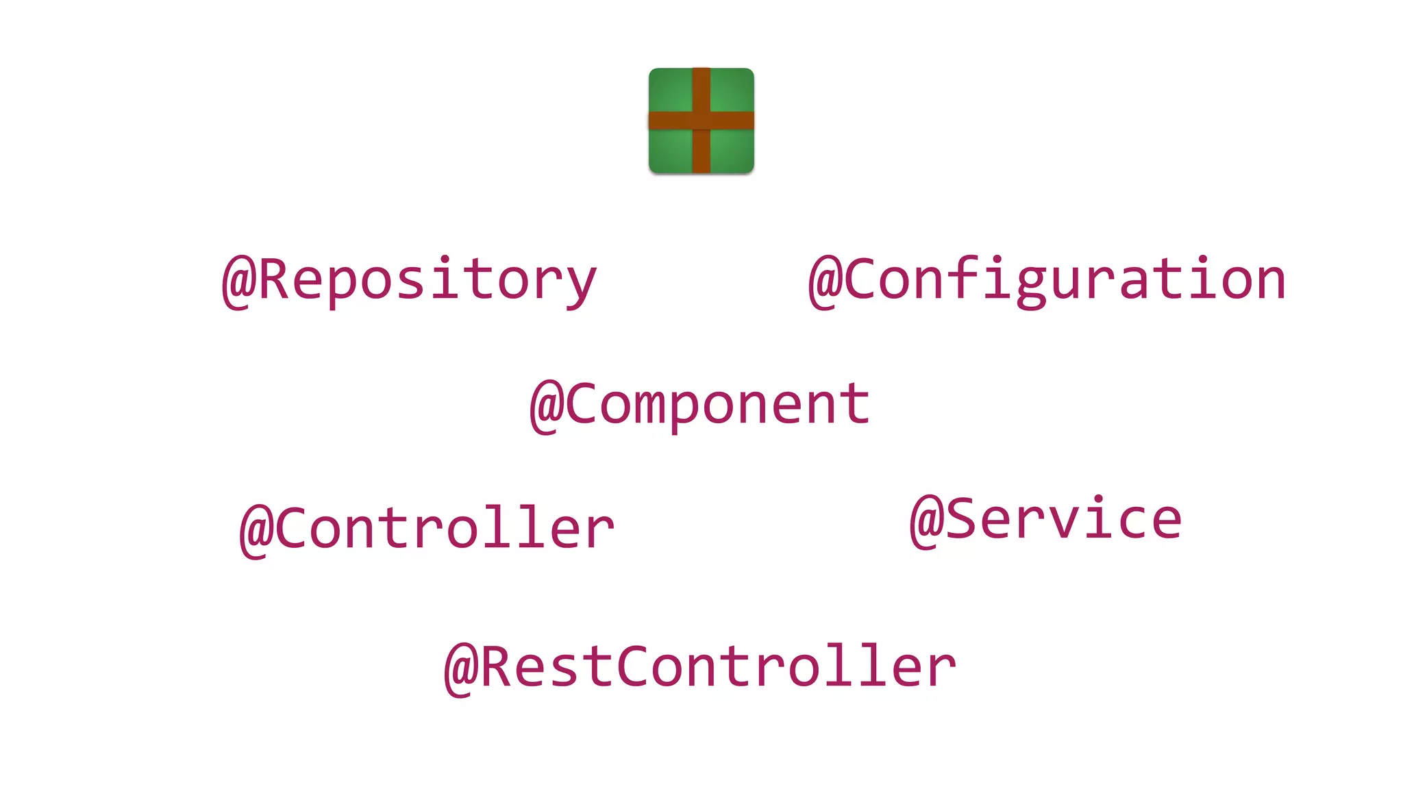 @Controller @Service
@Configuration
@RestController
@Repository
@Component
 