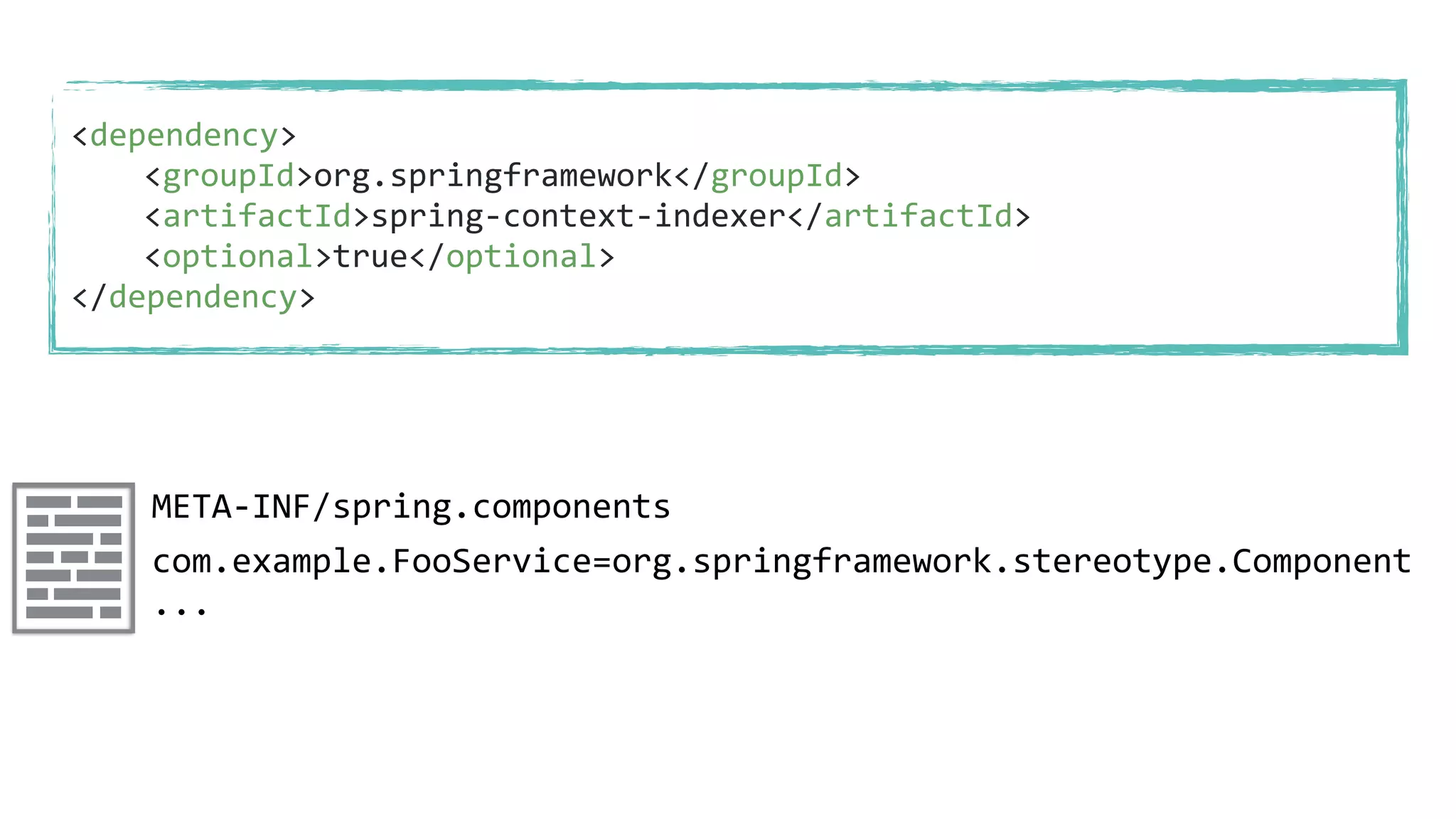META-INF/spring.components
com.example.FooService=org.springframework.stereotype.Component
...
<dependency>
<groupId>org.springframework</groupId>
<artifactId>spring-context-indexer</artifactId>
<optional>true</optional>
</dependency>
 