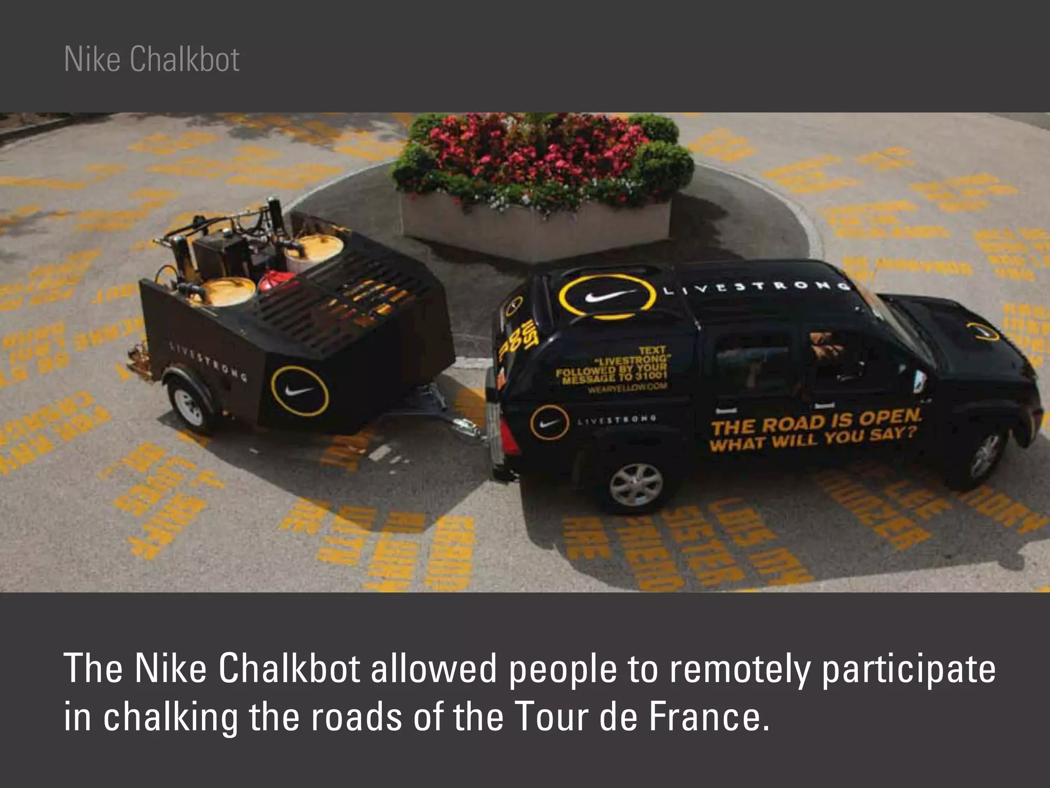 Nike Chalkbot




The Nike Chalkbot allowed people to remotely participate
in chalking the roads of the Tour de France.
 