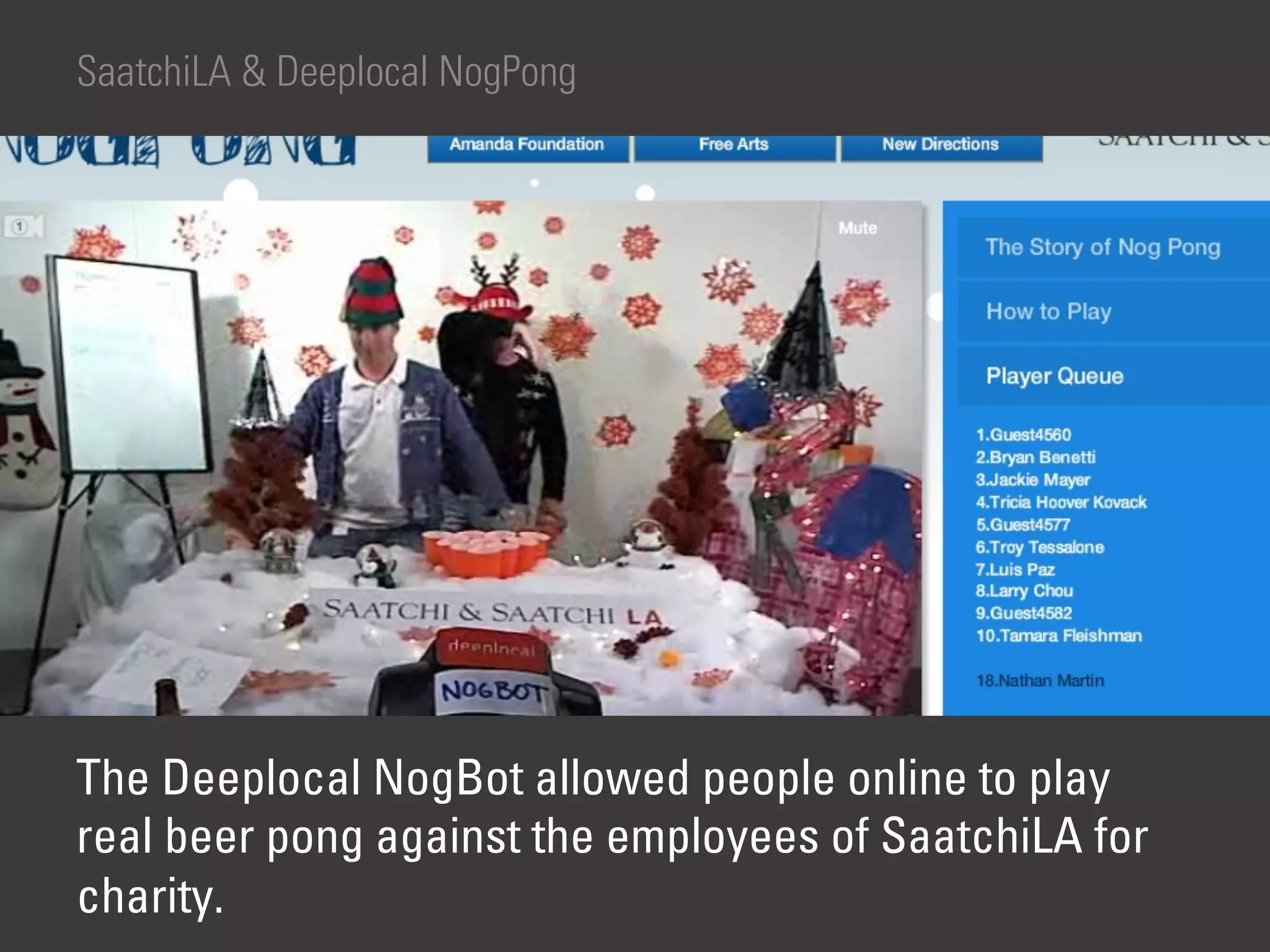 SaatchiLA & Deeplocal NogPong




The Deeplocal NogBot allowed people online to play
real beer pong against the employees of SaatchiLA for
charity.
 