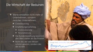 Werte entstehen nicht mehr in
Unternehmen, sondern
zwischen Unternehmen.
Crowdsourcing
Empfehlungsmarketing
Emotionalisierung
Personalisierung
Die Kundenbeziehung bestimmt
den Wert stärker als das Produkt.
Nicht der, der sein Wissen
schützt gewinnt, sondern der,
der es teilt.
© vibrio 2017 http://vibrio.eu 19
Die Wirtschaft der Beduinen
Google Trend „remote office“ und „digital nomad“
 