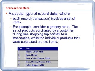 Transaction Data

A special type of record data, where
− each record (transaction) involves a set of
items.
− For example, consider a grocery store. The
set of products purchased by a customer
during one shopping trip constitute a
transaction, while the individual products that
were purchased are the items.
TID Items
1 Bread, Coke, Milk
2 Beer, Bread
3 Beer, Coke, Diaper, Milk
4 Beer, Bread, Diaper, Milk
5 Coke, Diaper, Milk
 