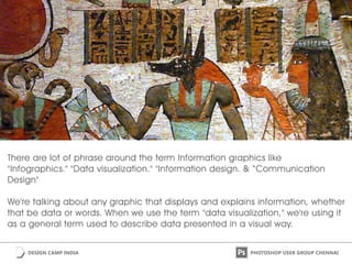 There are lot of phrase around the term Information graphics like
"Infographics." "Data visualization." "Information design. & “Communication
Design"
We're talking about any graphic that displays and explains information, whether
that be data or words. When we use the term "data visualization," we're using it
as a general term used to describe data presented in a visual way.
 