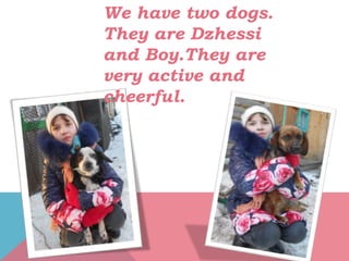 We have two dogs.
They are Dzhessi
and Boy.They are
very active and
cheerful.
 