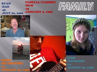 RYAN
-DAD
-46
-JULY 22, 1966
TAMELLA (TAMMIE)
-MUM
-45
-JANUARY 9, 1968
LEAH
-YOUNGEST
-14
-AUGUST 29, 1998
TERRY
-BIG BROTHER
-17
-FEBUARY 20, 1996
 