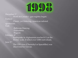 December 1st
Work on Canada’s gun registry began.
Fashion
Classic, yet flattering, American tailored
sportswear.
Fads
-Ballroom Dancing
-Teletubbies
-Rugrats
February 4th
Earthquake in Afghanistan reached 6.1 on the
Richter scale. It killed over 5,000 individuals.
June 2nd
The CIH virus (Chernobyl or Spacefiller) was
discovered in Taiwan.
 
